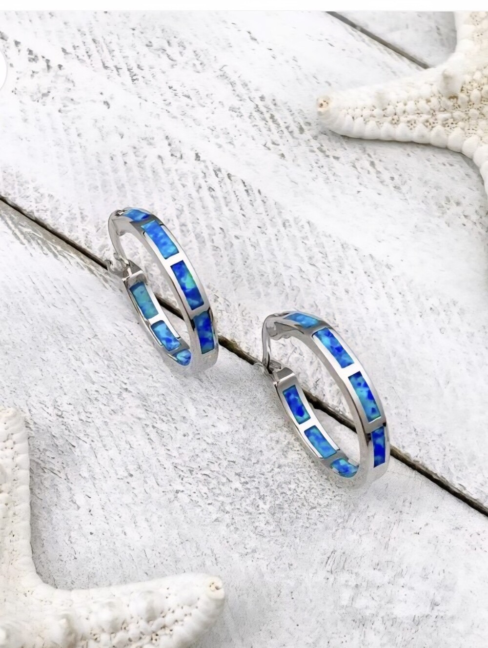 Sterling Silver Blue Opal Inlay Hoop Earrings by